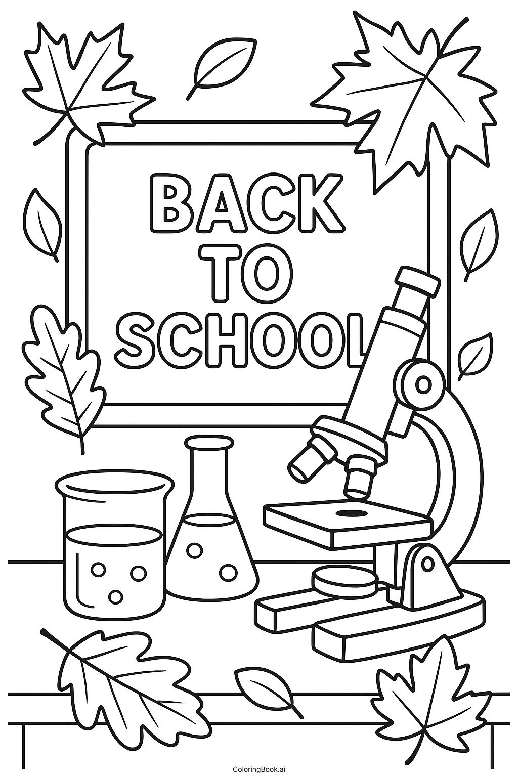  Página para colorir de Volta às Aulas com Folhas de Outono e Equipamentos de Laboratório 