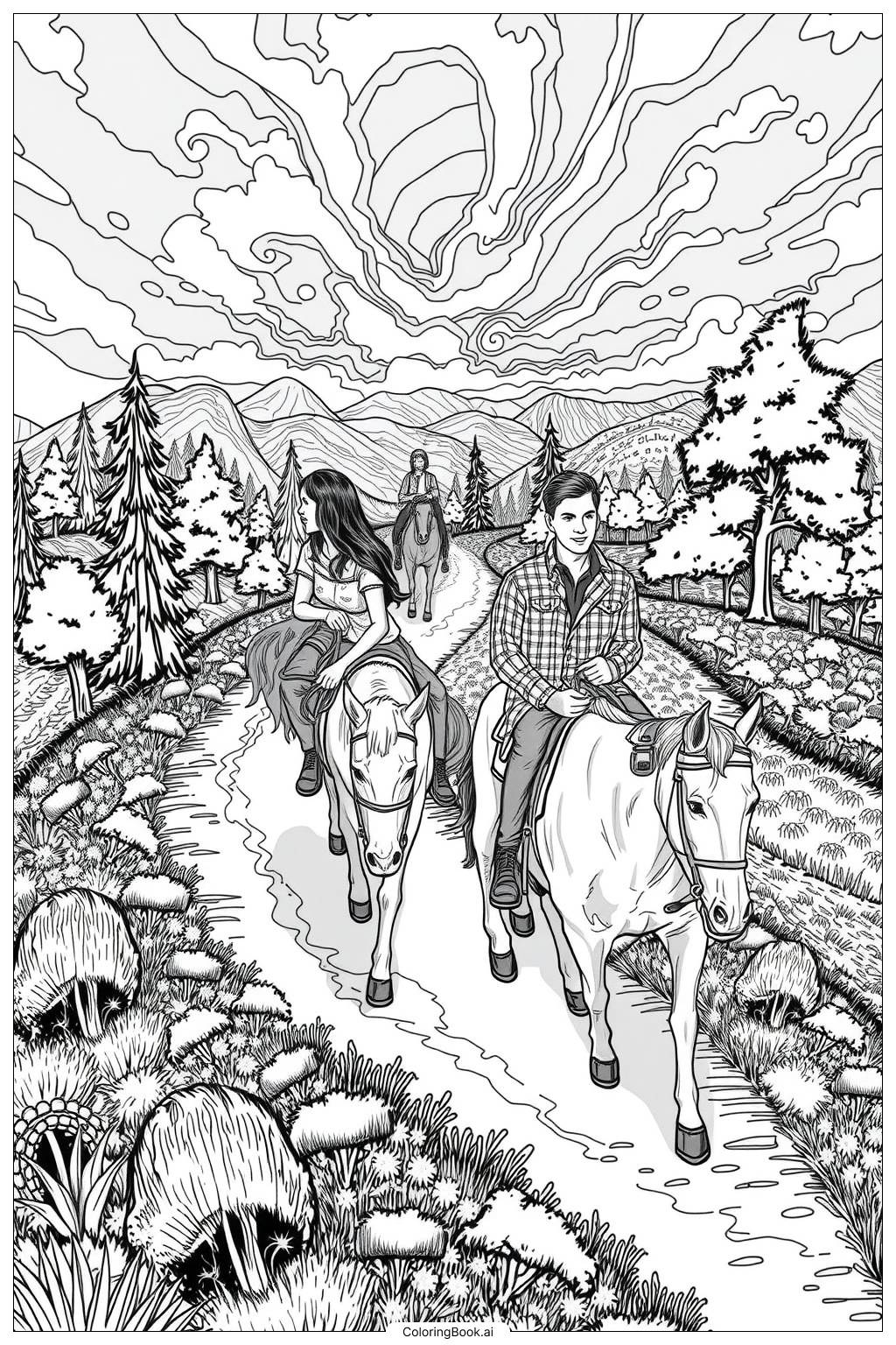  Page de coloriage Famille montant des chevaux sur un sentier 