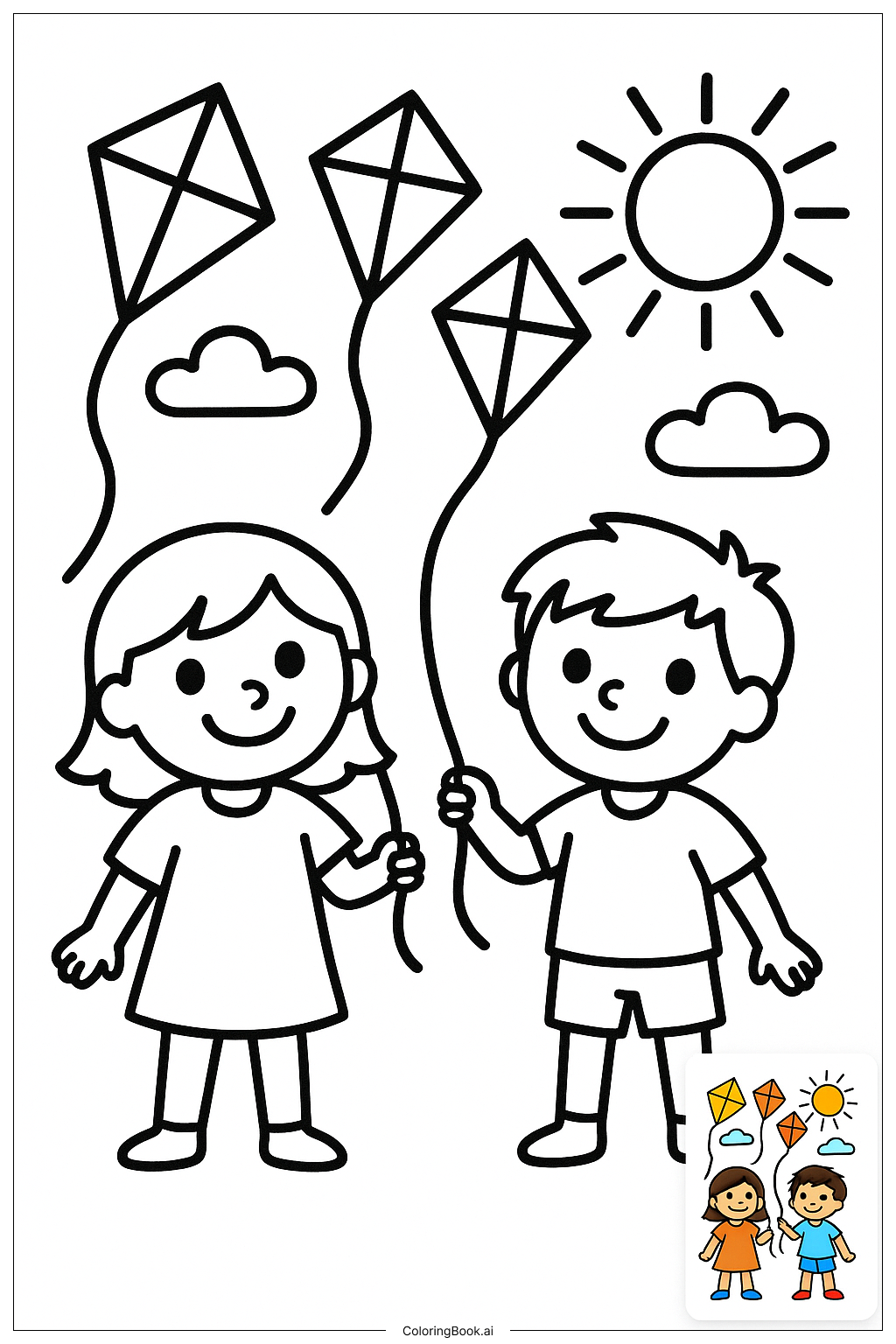  Friends Flying Kites On Sunny Day著色頁 