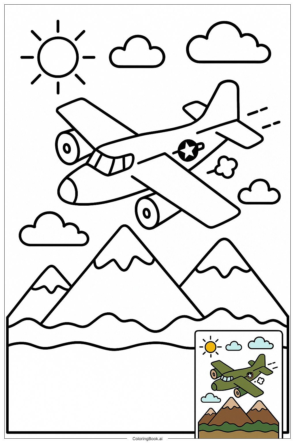  Page de coloriage Avion de l'armée survolant les montagnes 