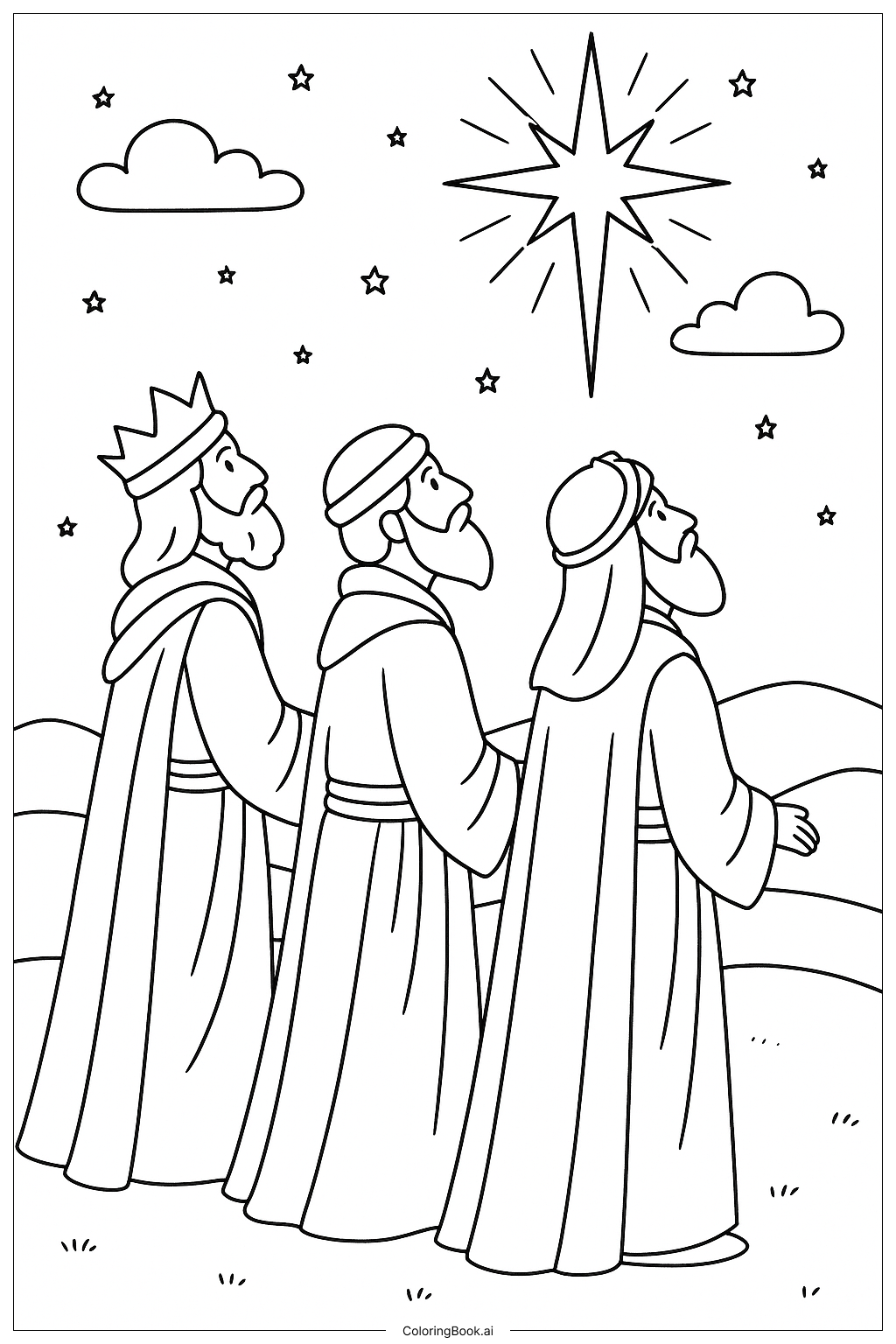  동방 박사들이 대림절 별을 보다 색칠공부 페이지 