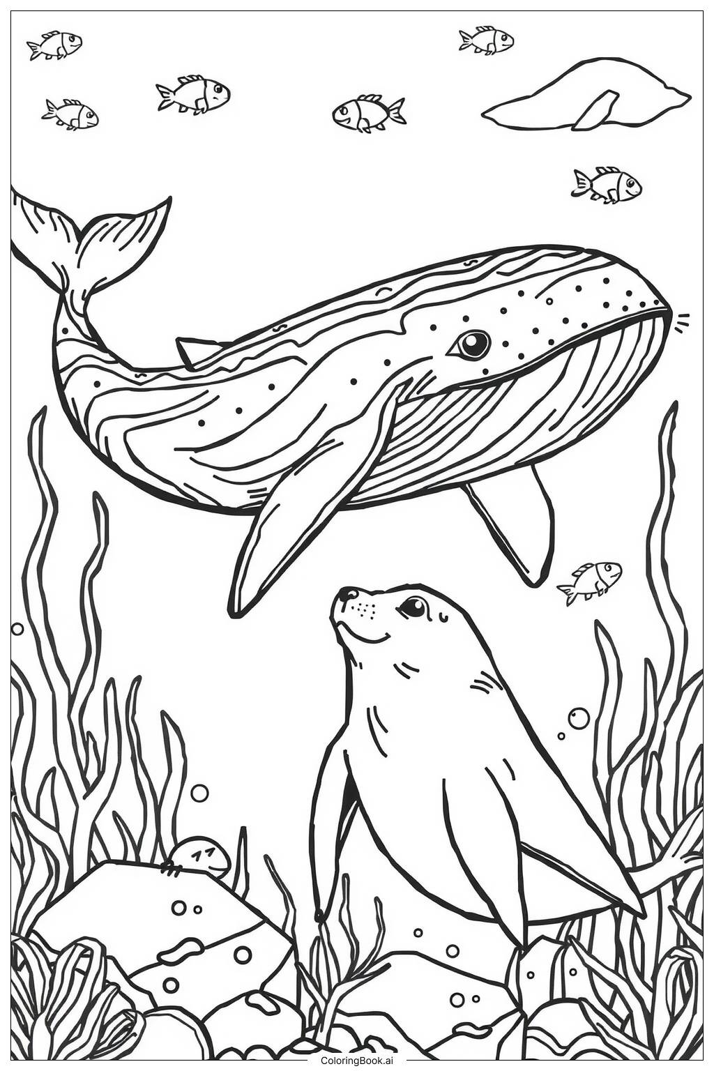  Page de coloriage Rencontre de Baleine avec un Phoque Amical-2 