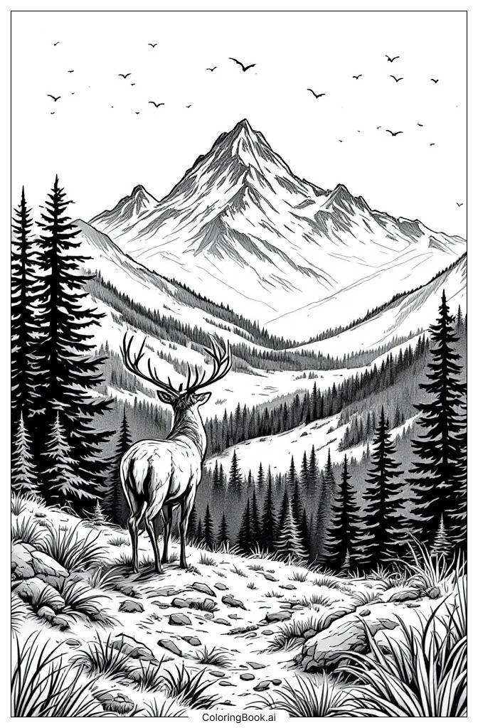  Page de coloriage Un cerf surplombant la vue magnifique de la forêt depuis un sommet 