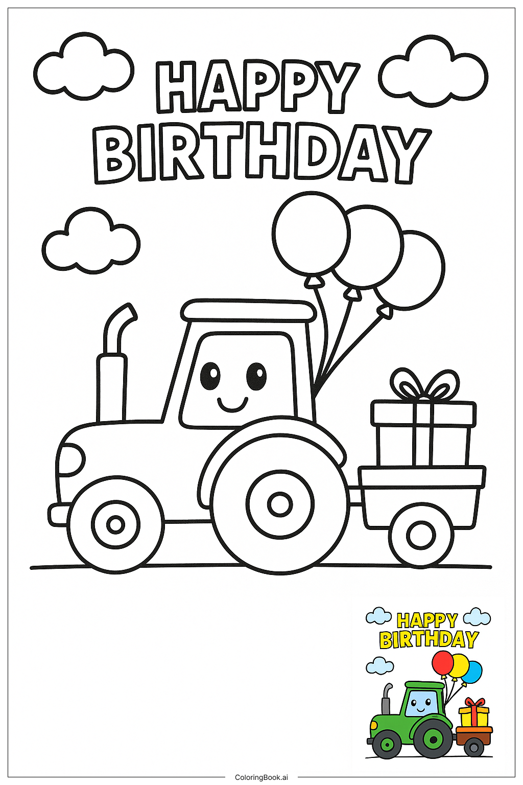  Happy Birthday Tractor Scene Coloring Page 