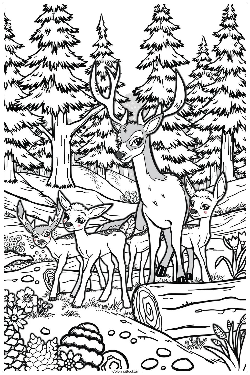  Page de coloriage Famille de cerfs forestiers-2 