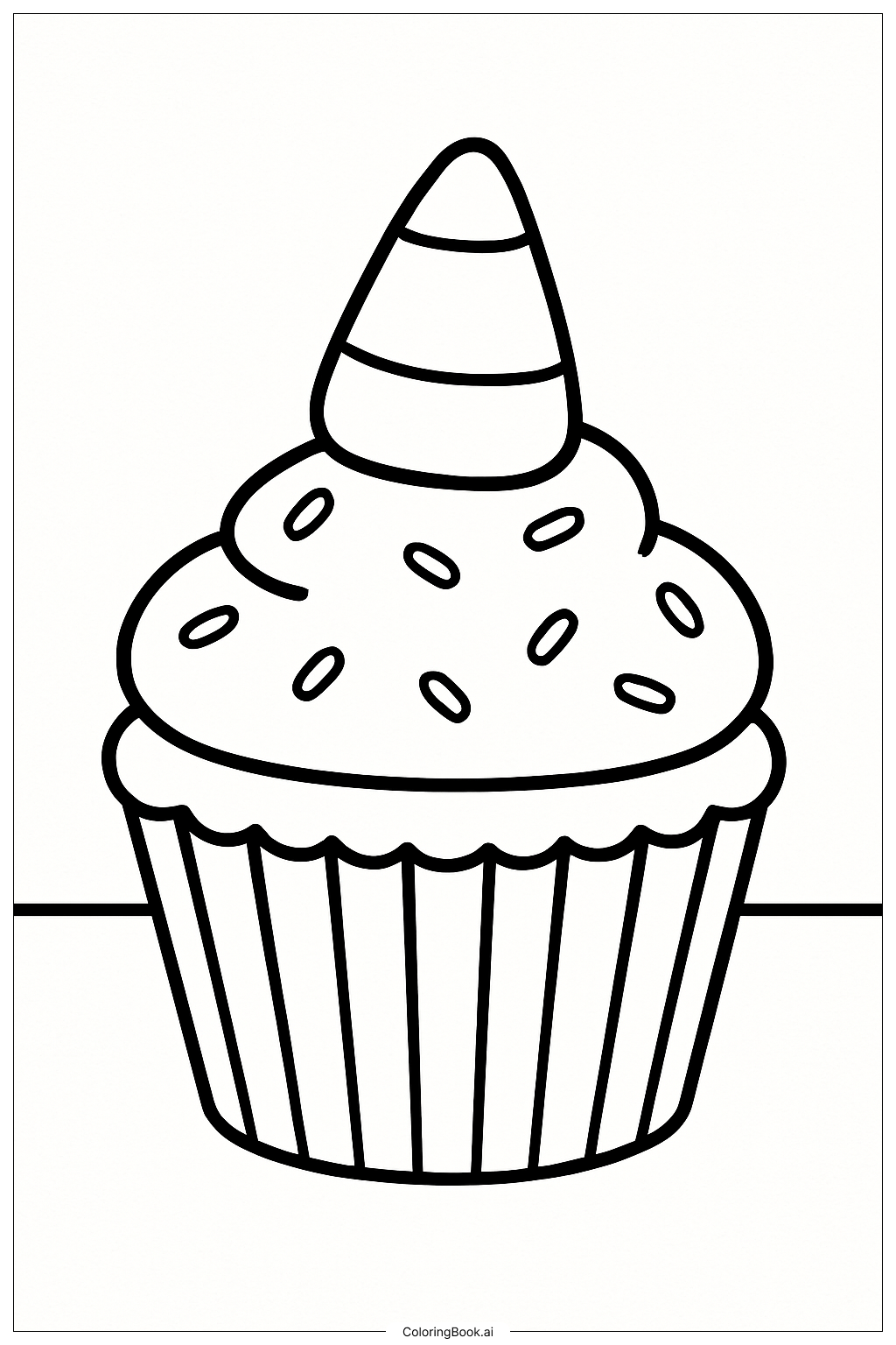  カップケーキの上のキャンディコーンの塗り絵ページ 