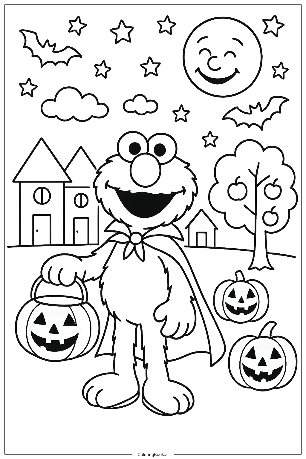  Elmo beim Süßigkeiten sammeln in der Nacht Ausmalseite 