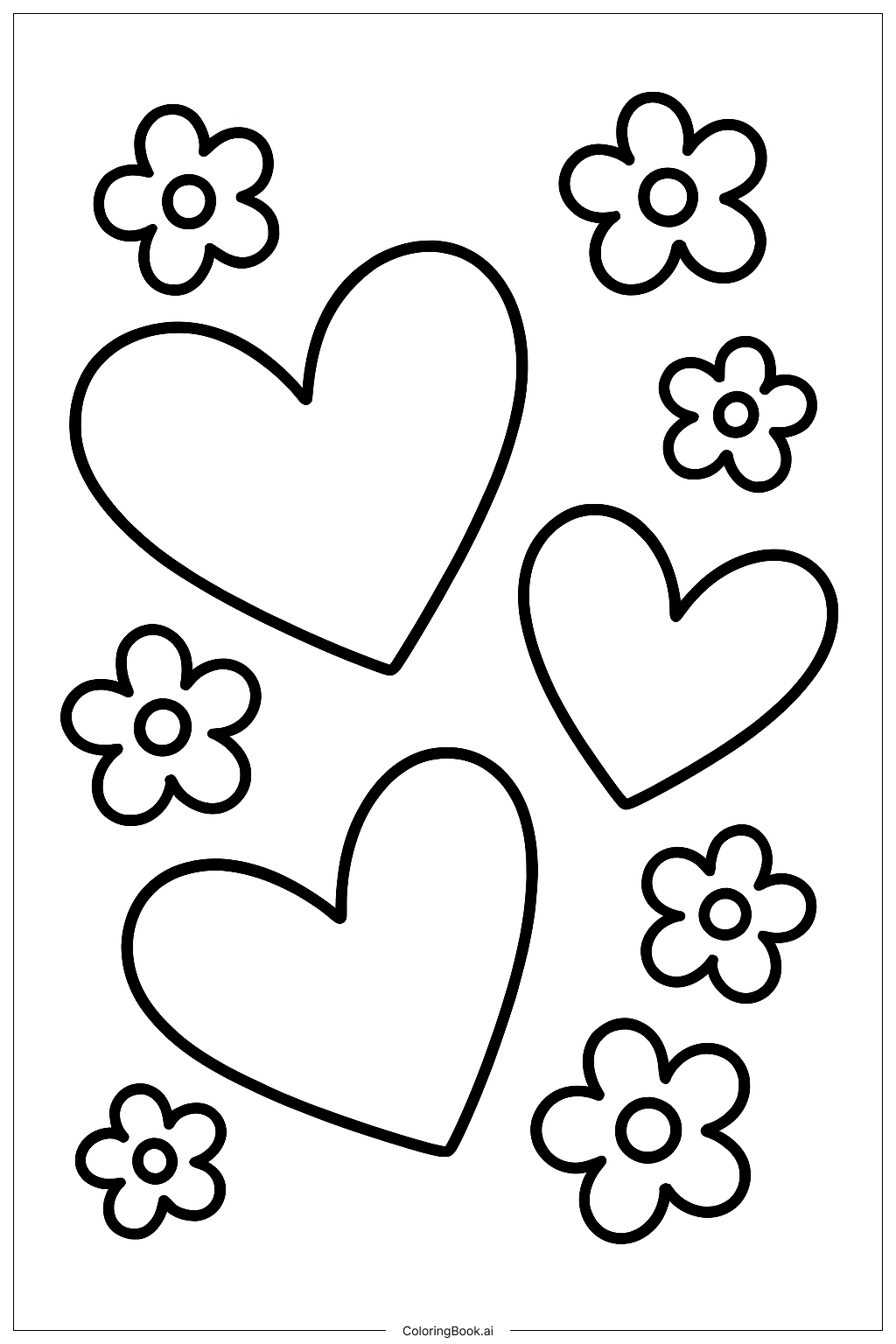  Three Floating Hearts and Flowers Coloring Page 