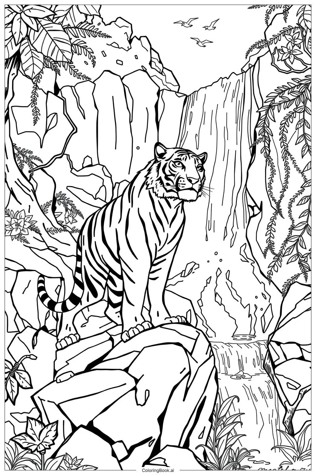  Tiger Waterfall Adventure-2 Coloring Page 