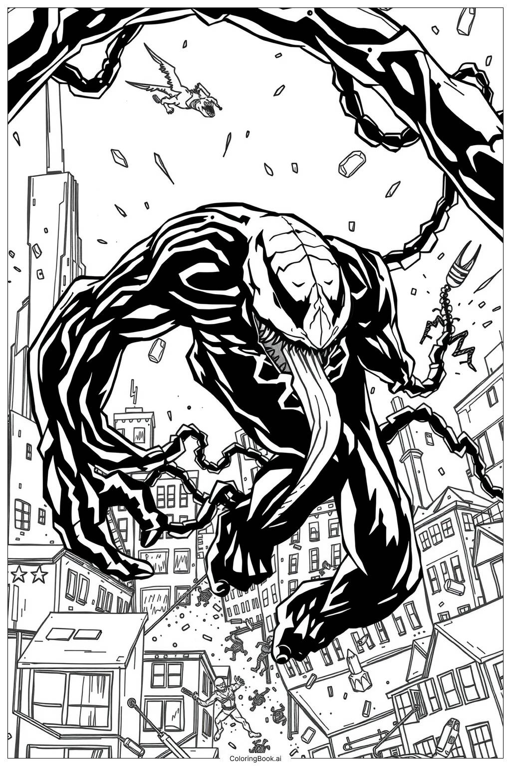  Page de coloriage destruction de la ville par le symbiote Venom-2 