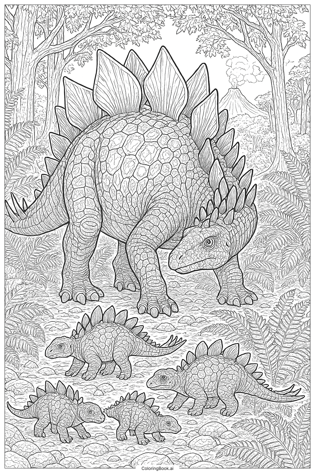 Mutiger Stegosaurus beschützt seine Jungen Ausmalseite