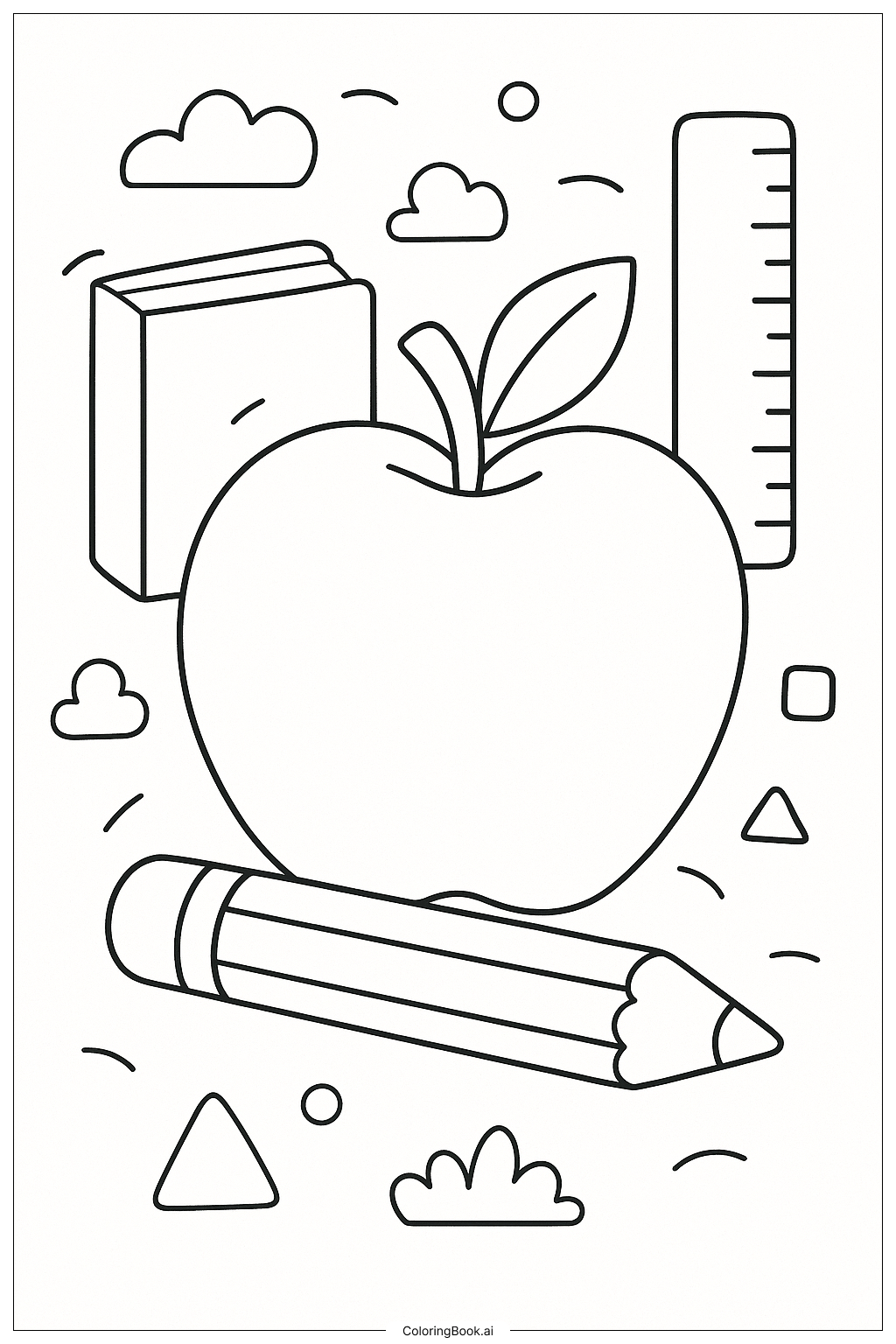  Página para colorir de Maçã e Lápis Clássicos para Volta às Aulas 