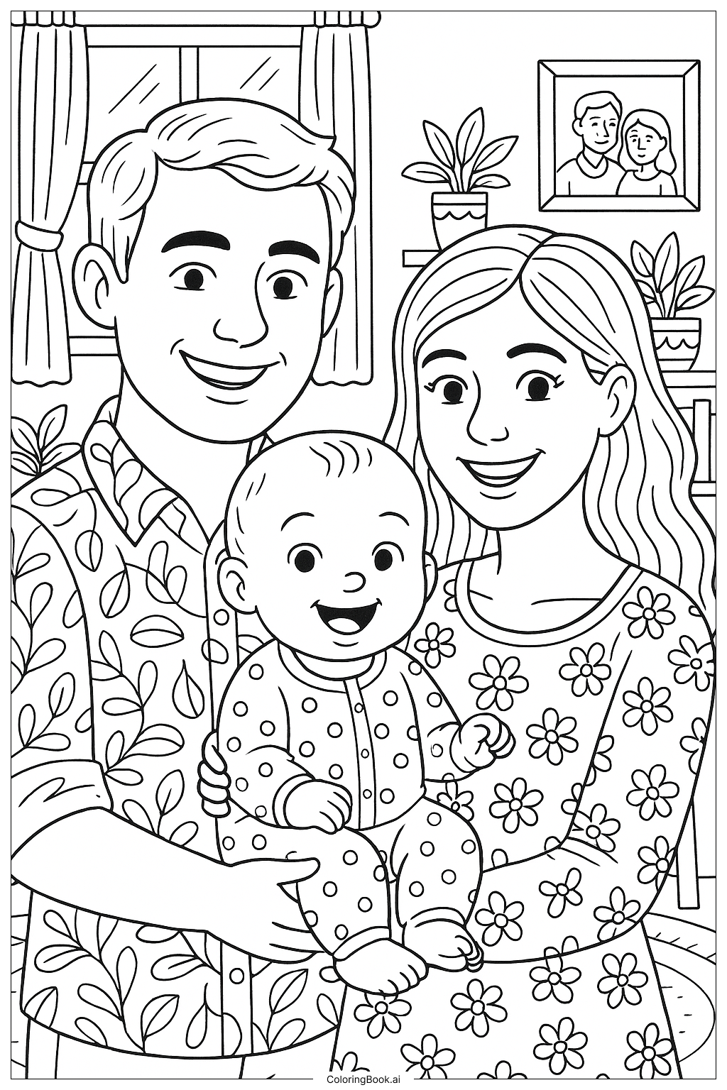 Page De Coloriage Un B b Et Un Portrait De Famille Avec Les Parents 
