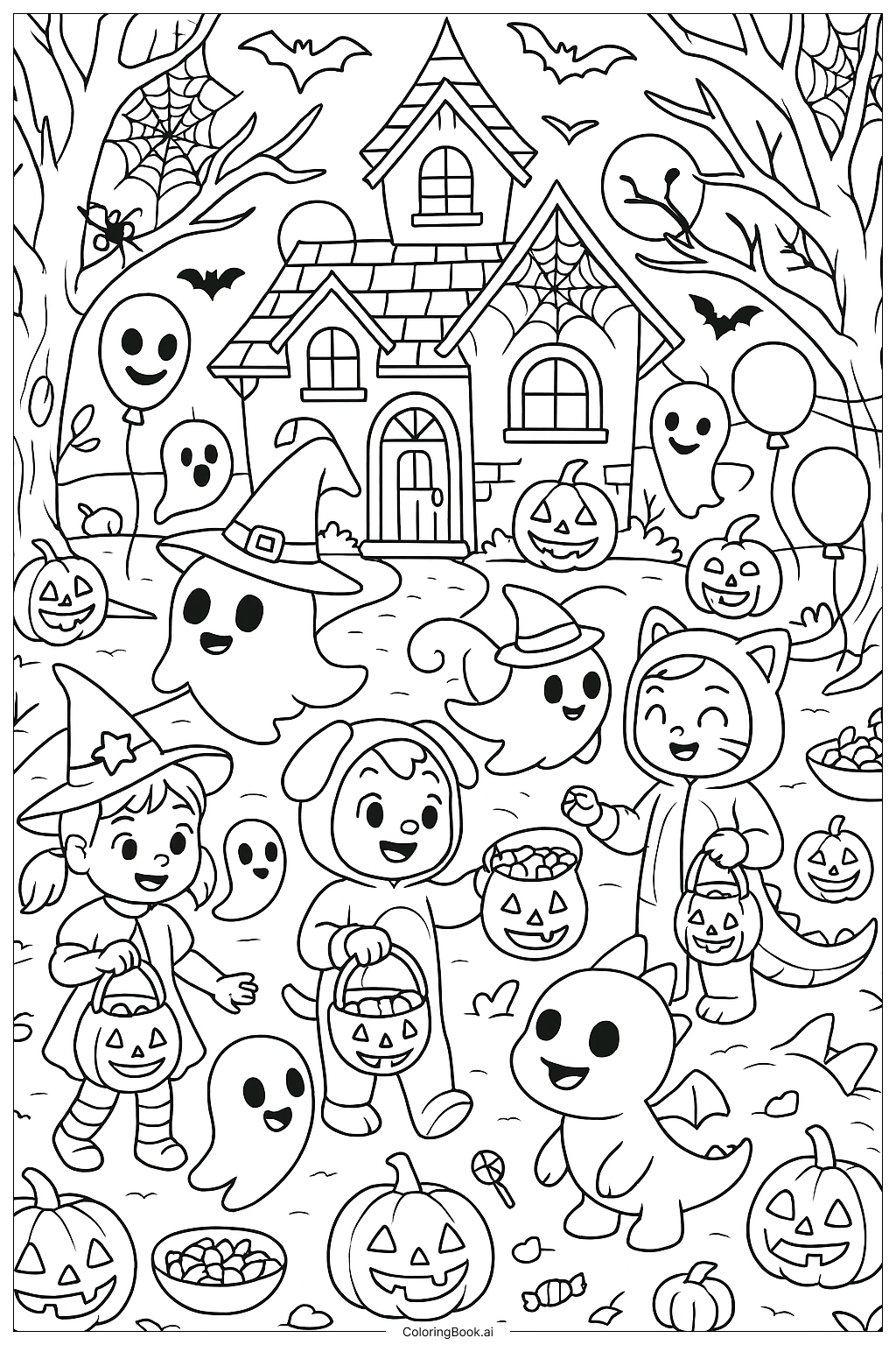 Eine Adopt Me Halloween-Party mit Geist-Tieren Ausmalseite