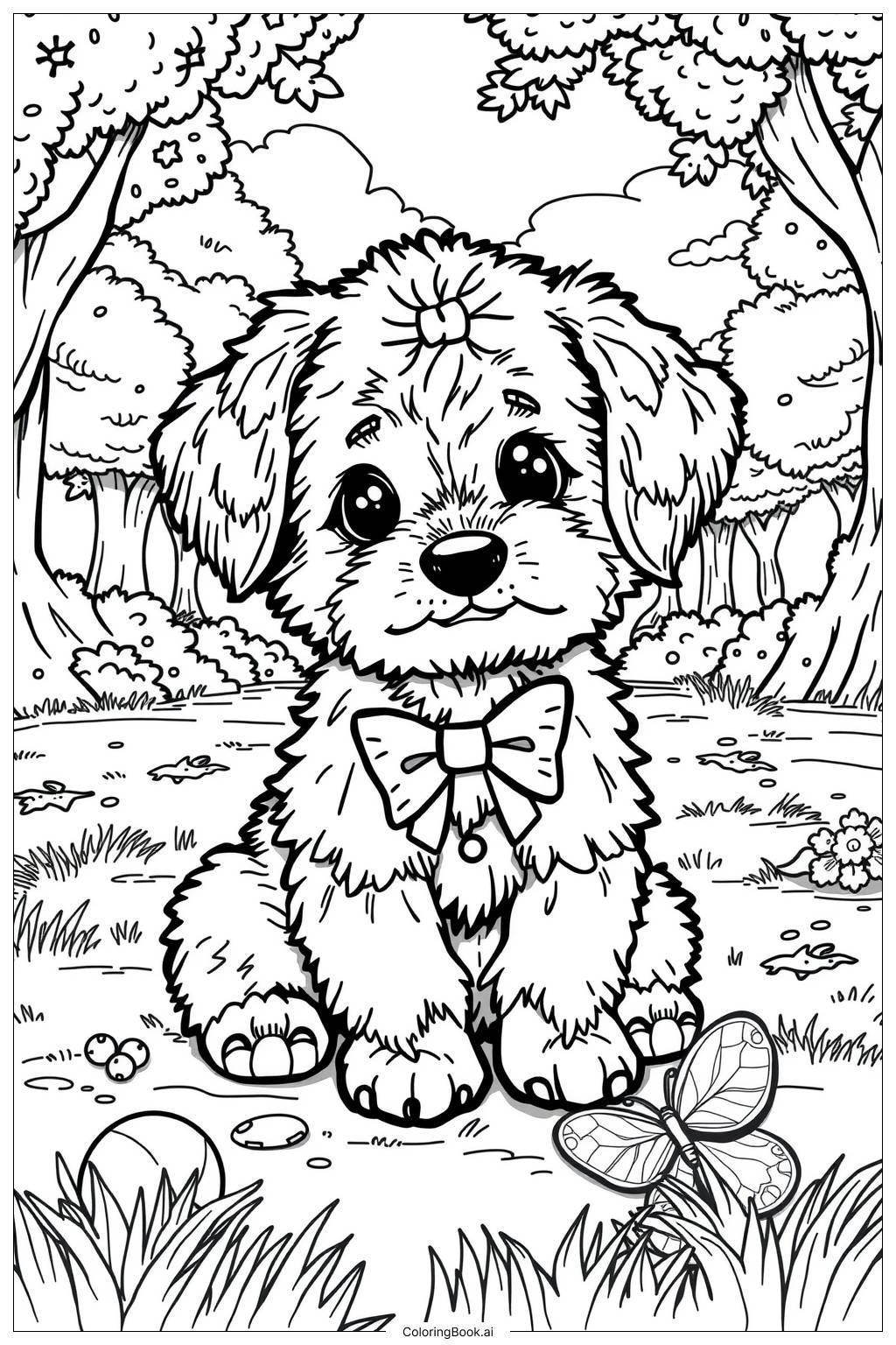  Page de coloriage Chiot Kawaii avec un Nœud-2 