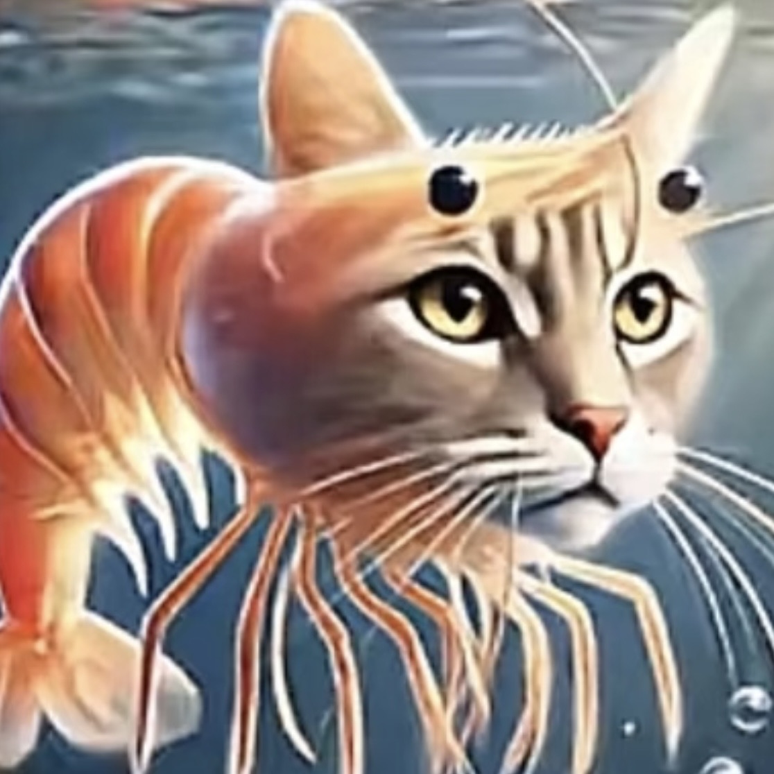 不思議な海の生き物：海老のような特徴を持つ猫が水中冒険を探検しています。