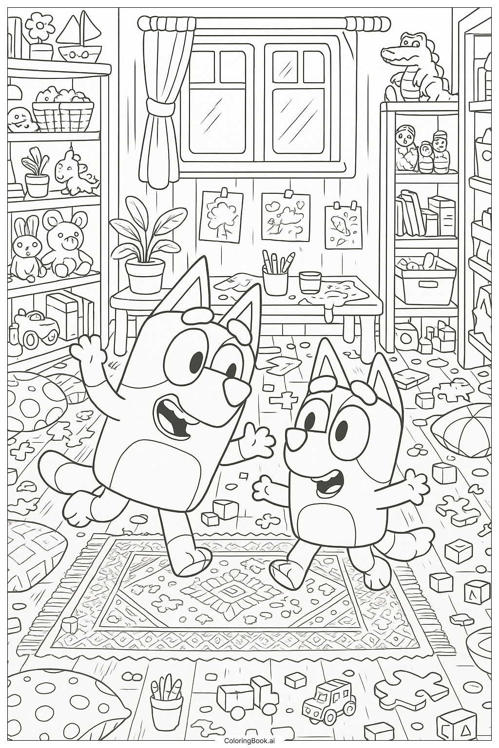  Page de coloriage Bluey et Bingo jouant dans leur salle de jeux en désordre 