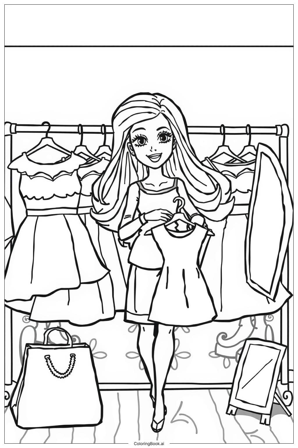  Page de coloriage barbie en train de faire du shopping pour une tenue vintage 