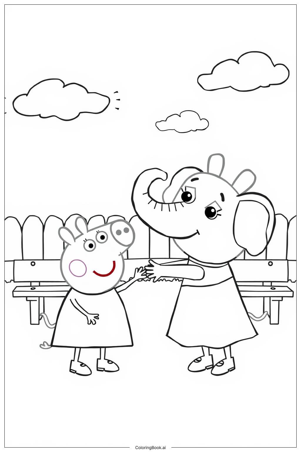  Página para colorir de Peppa Pig e Emily Elefante Juntas 