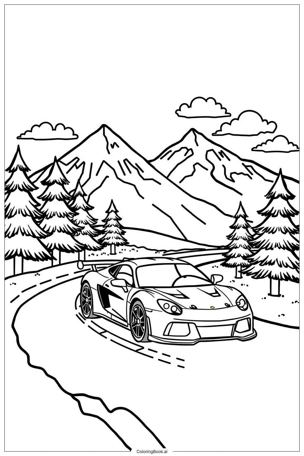  Page de coloriage Voiture de Sport Chemin de Montagne 