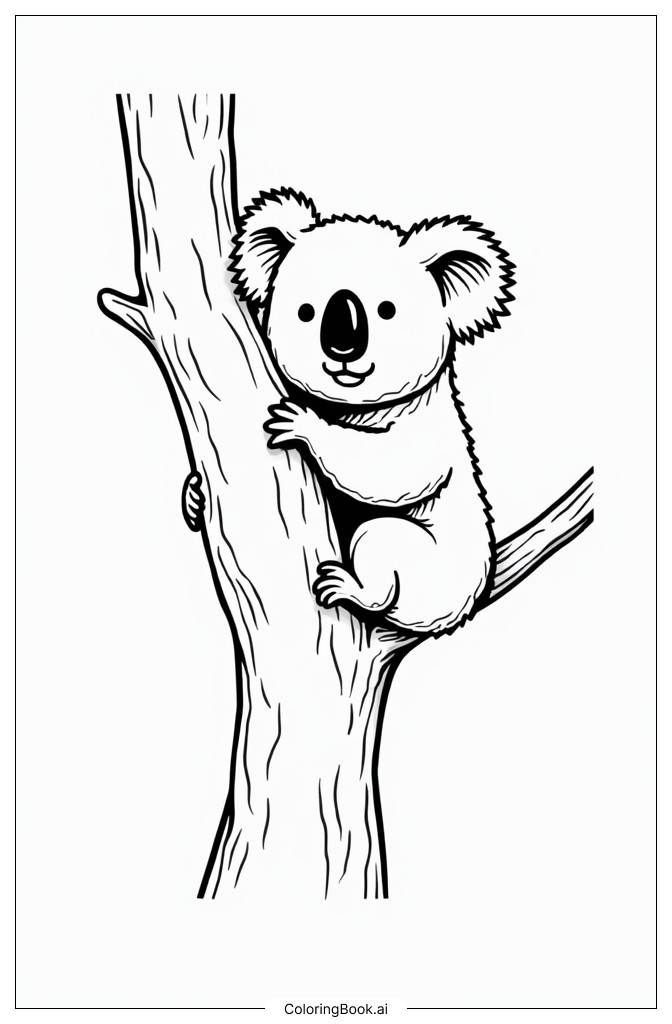  Página para colorear de koala bebé realista trepando un árbol 