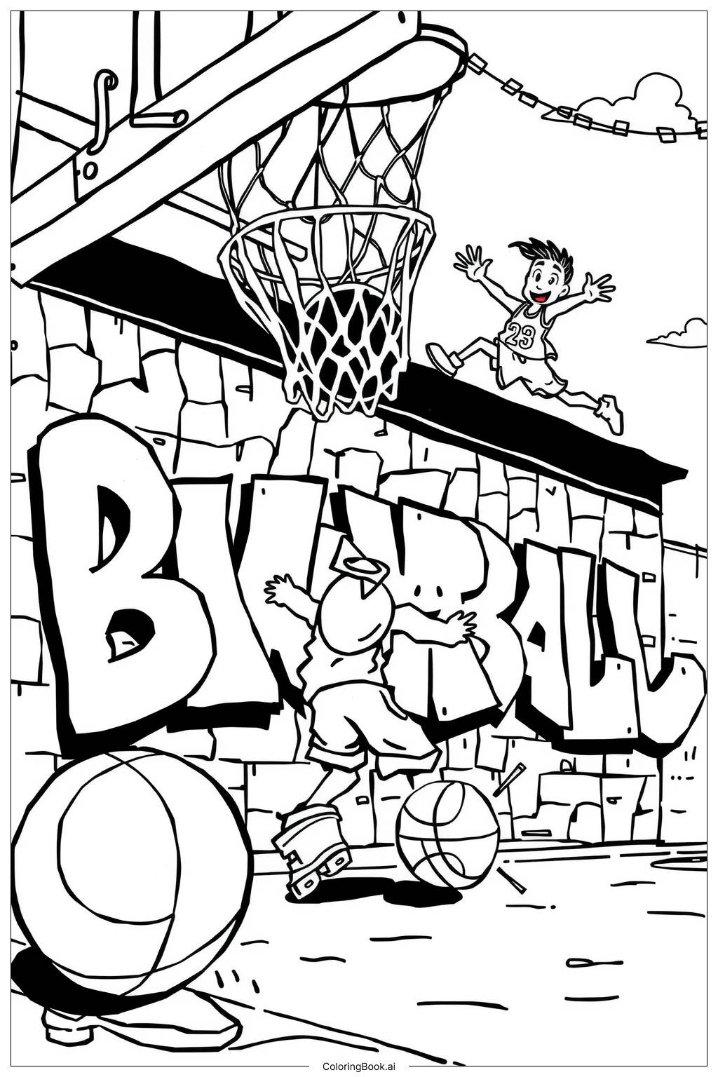  Página para colorear de arte de graffiti de baloncesto 