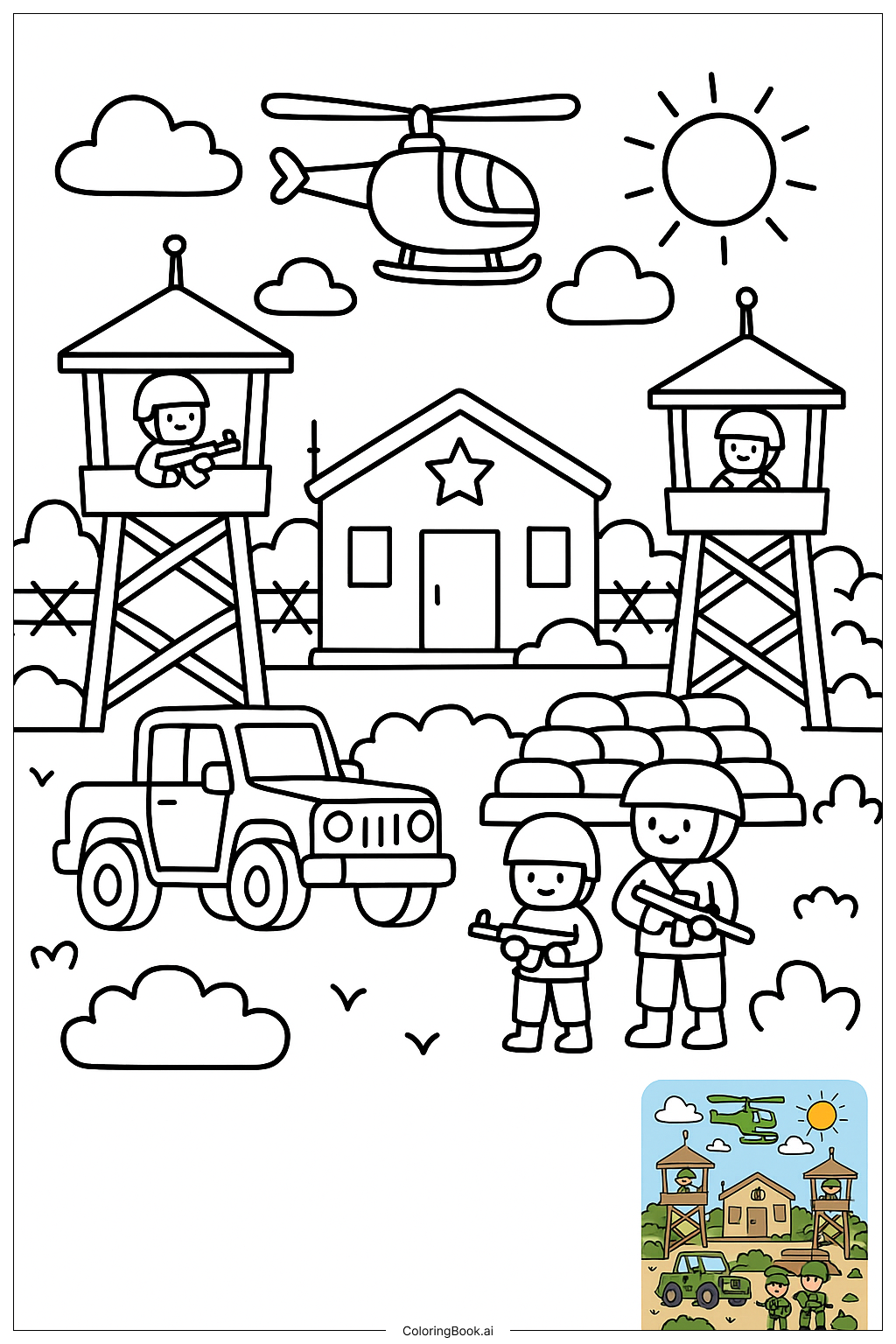 Page de coloriage Base Militaire Avec Tours de Guet 