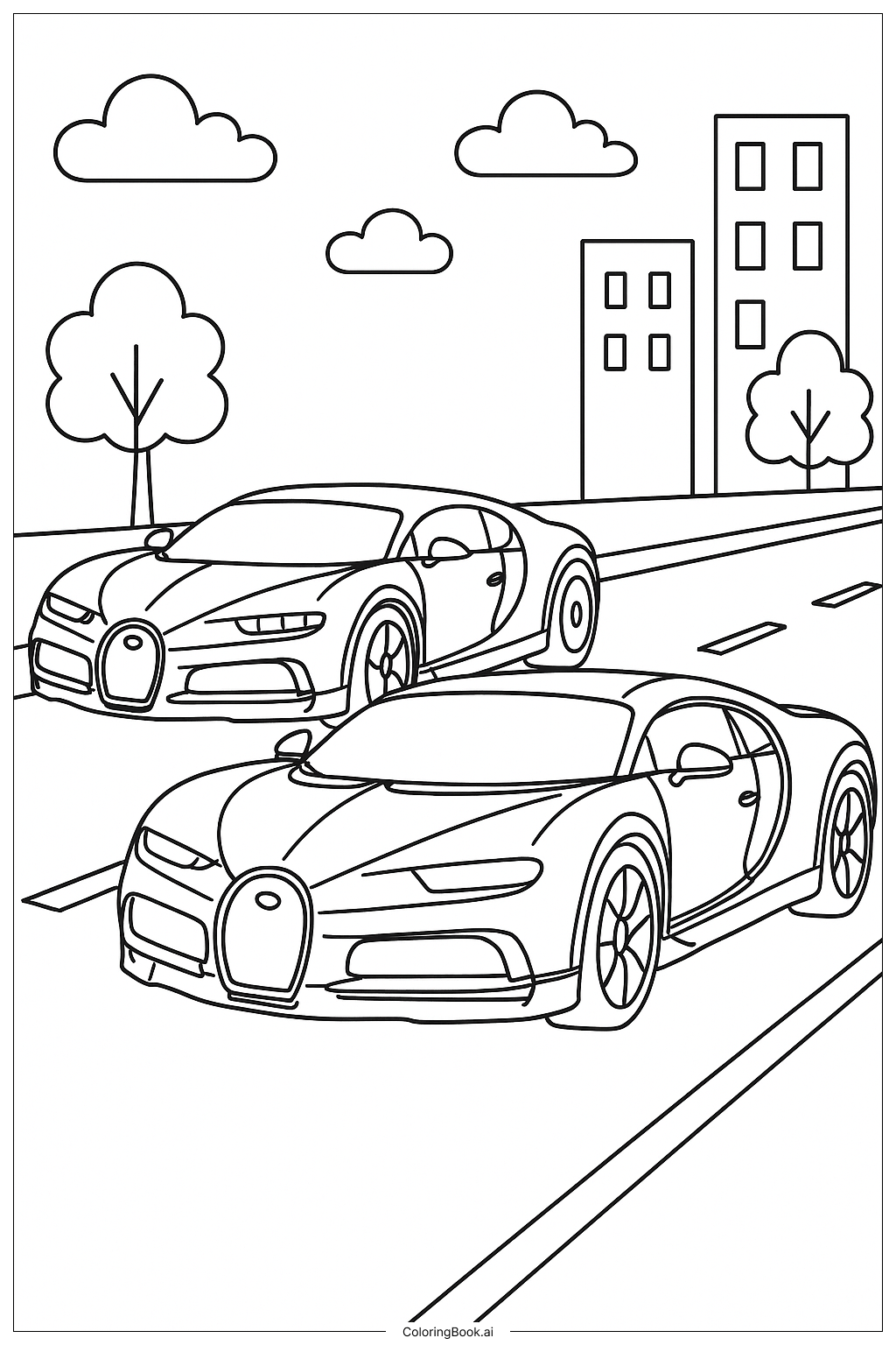  Two Bugatti Cars Racing Coloring Page 