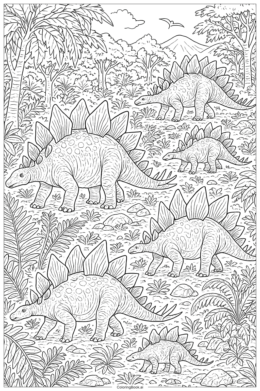 Eine Herde von Stegosaurus auf Wanderschaft Ausmalseite