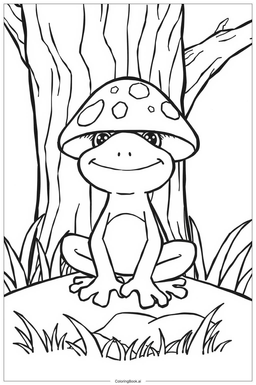  Frog with Mushroom Hat Under a Tree Coloring Page 