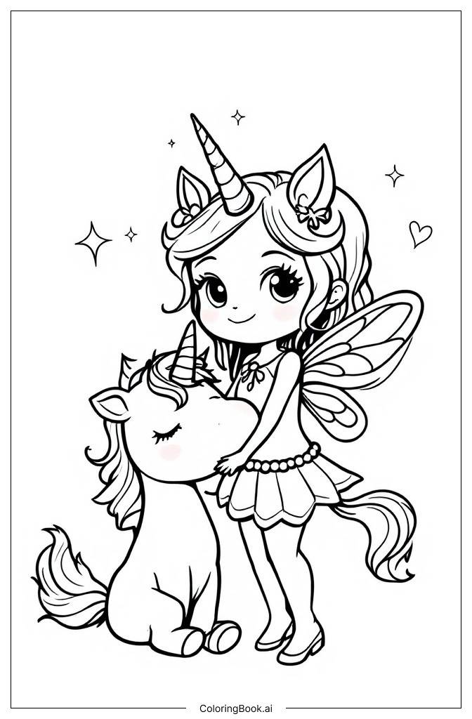  Página para colorear de Linda y Fácil Hada con Unicornio 