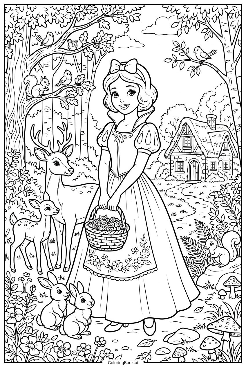  ディズニープリンセスと優しい鹿のベリー摘みの塗り絵ページ 