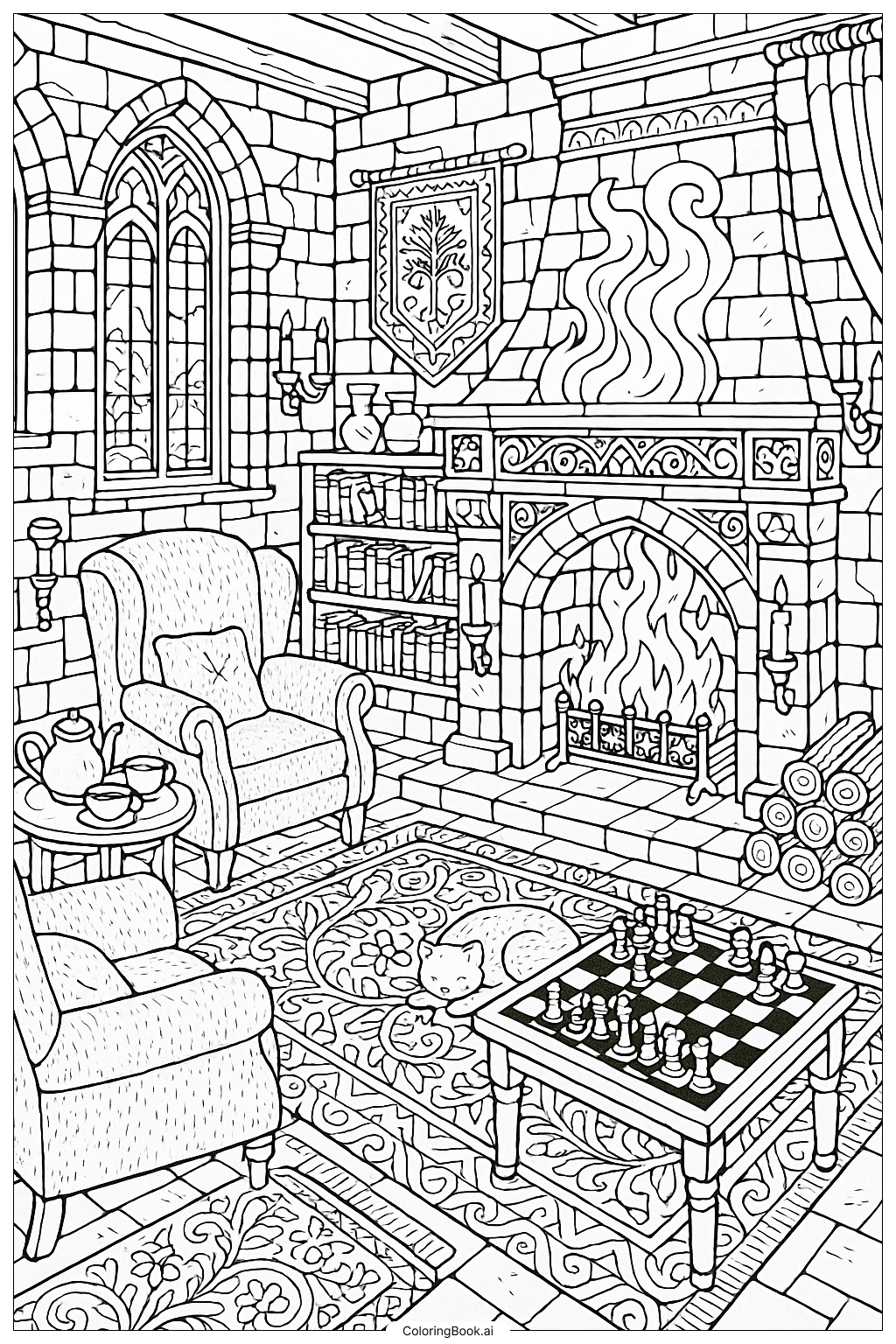  A Cozy Castle Room With A Large Fireplace Coloring Page 