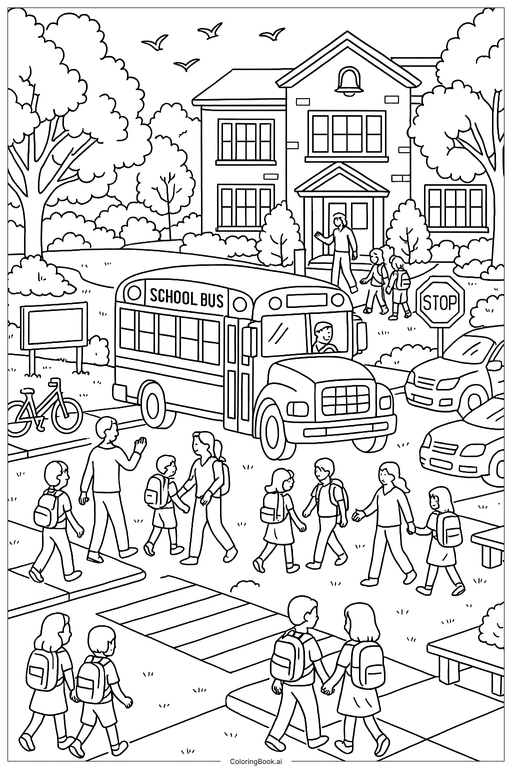  Ein Schulbus an einem belebten Schuleingang Ausmalseite 