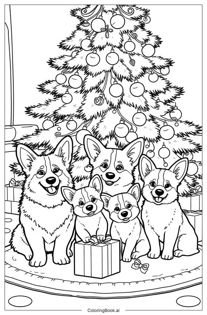  Corgi-Familie unter dem Weihnachtsbaum Ausmalseite 