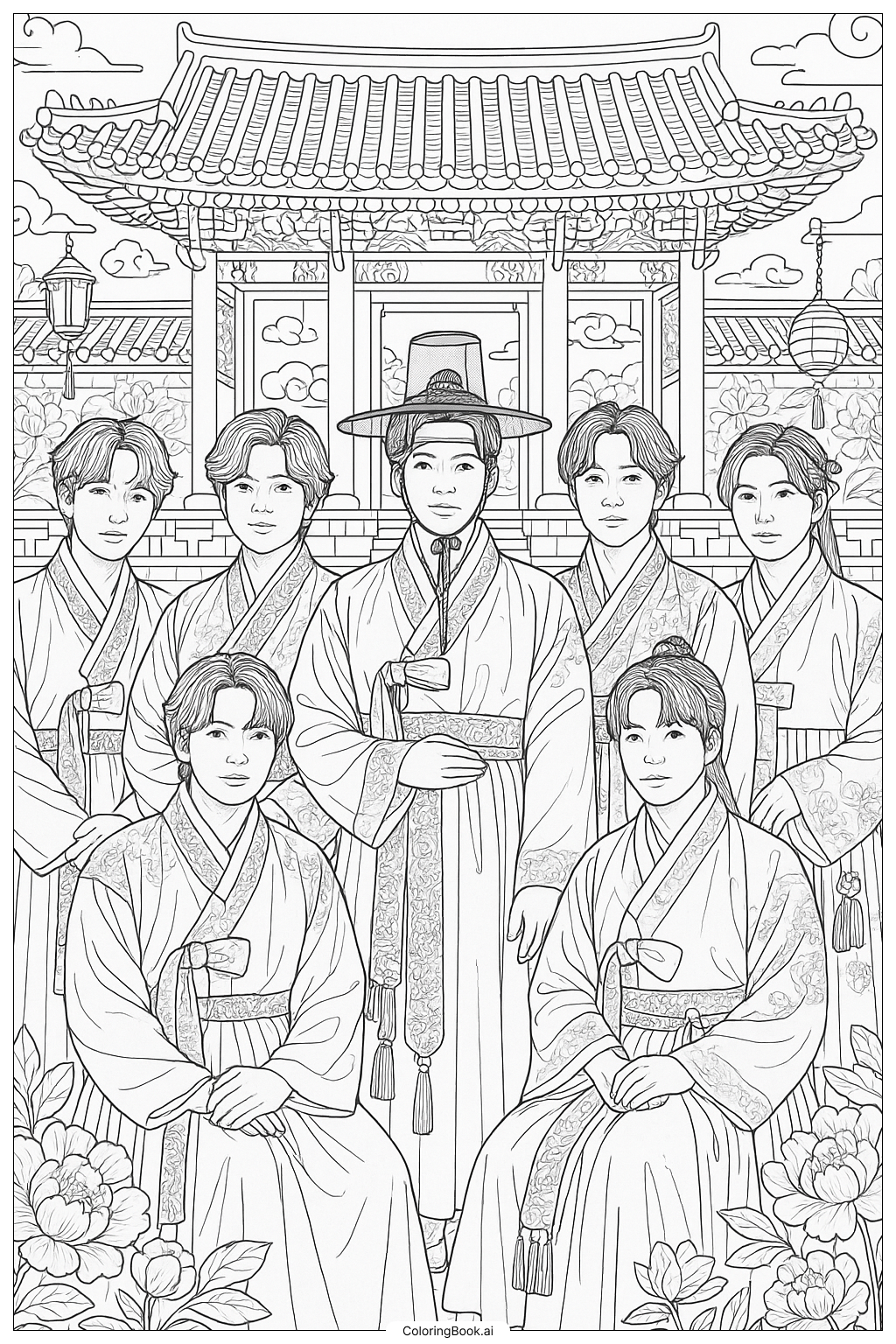  Page de coloriage BTS en hanbok traditionnel coréen 