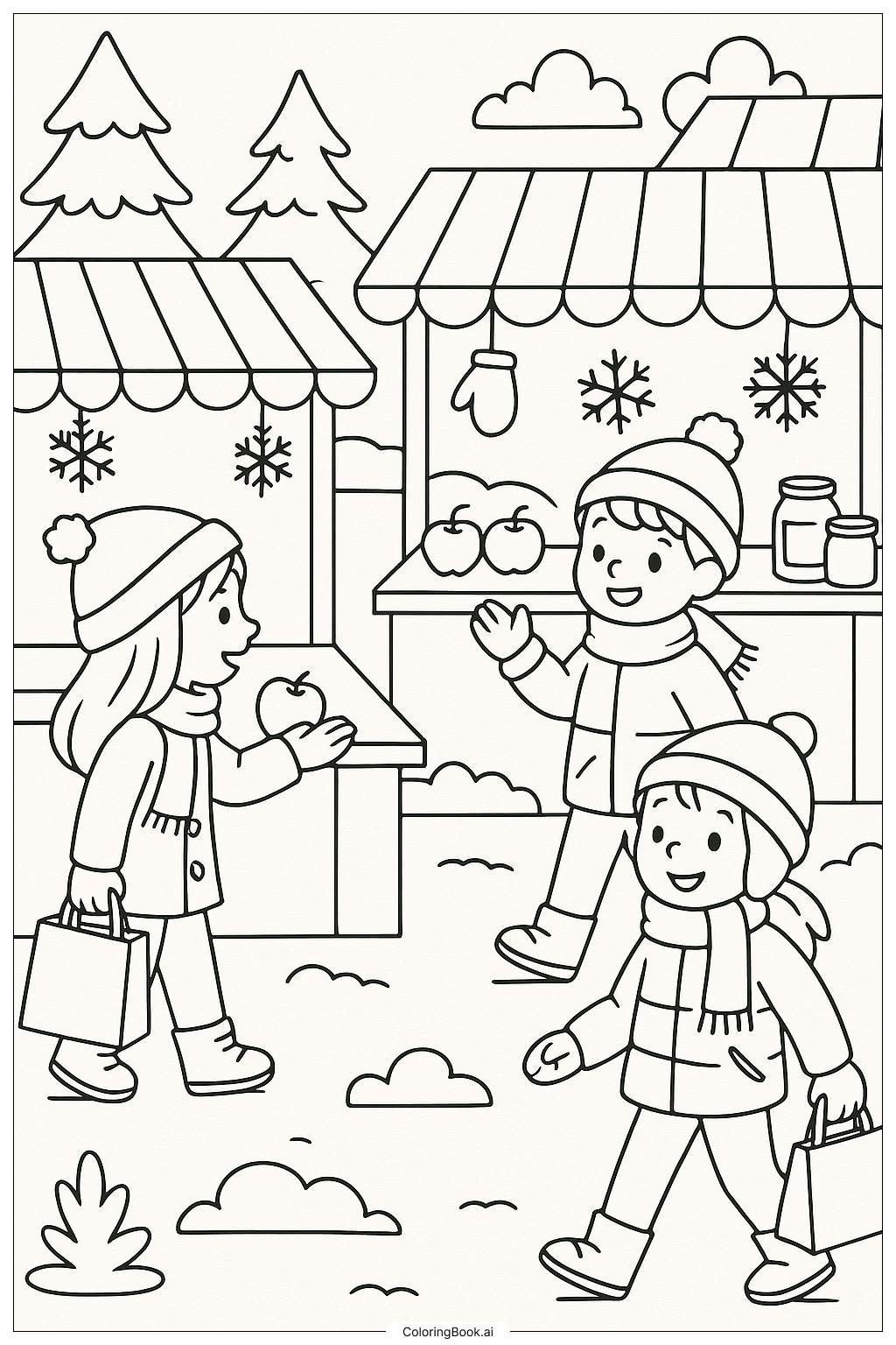  冬のマーケットでの買い物の塗り絵ページ 