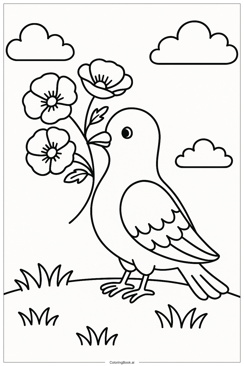  Trang tô màu Chim bồ câu với cành hoa anh túc 