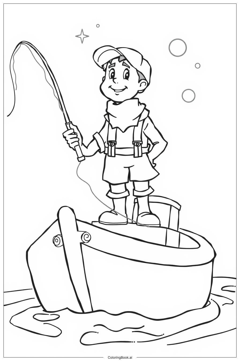  Page de coloriage Bateau de pêche avec un pêcheur lançant sa ligne 