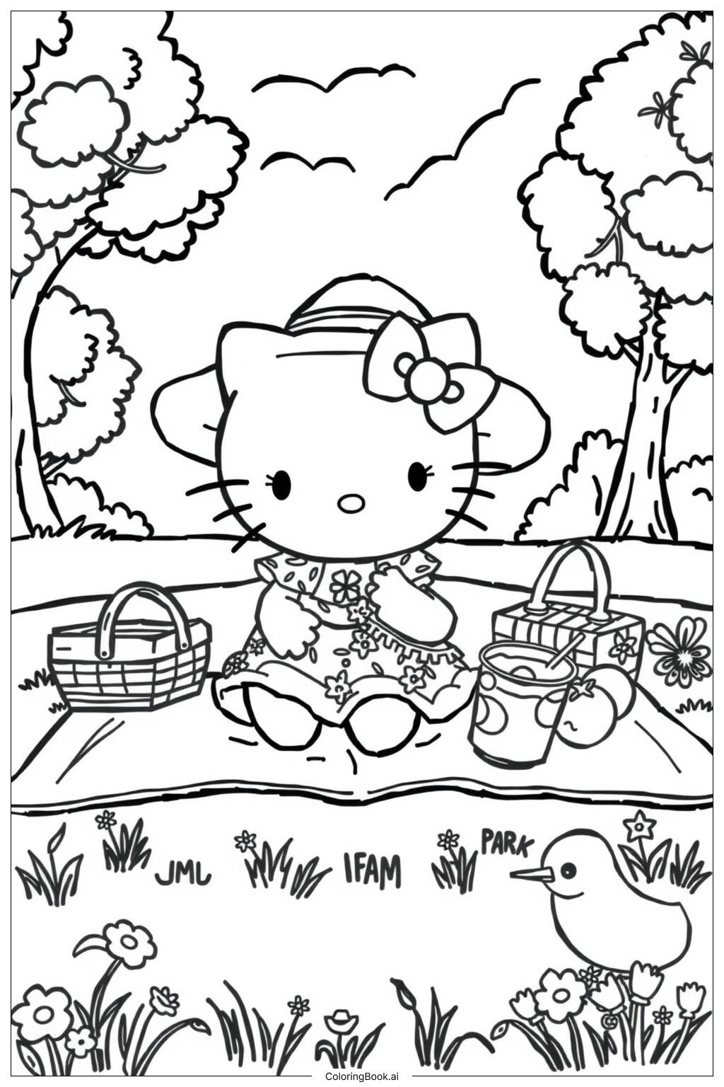  Página para colorear de hello kitty yendo a un picnic de verano-2 