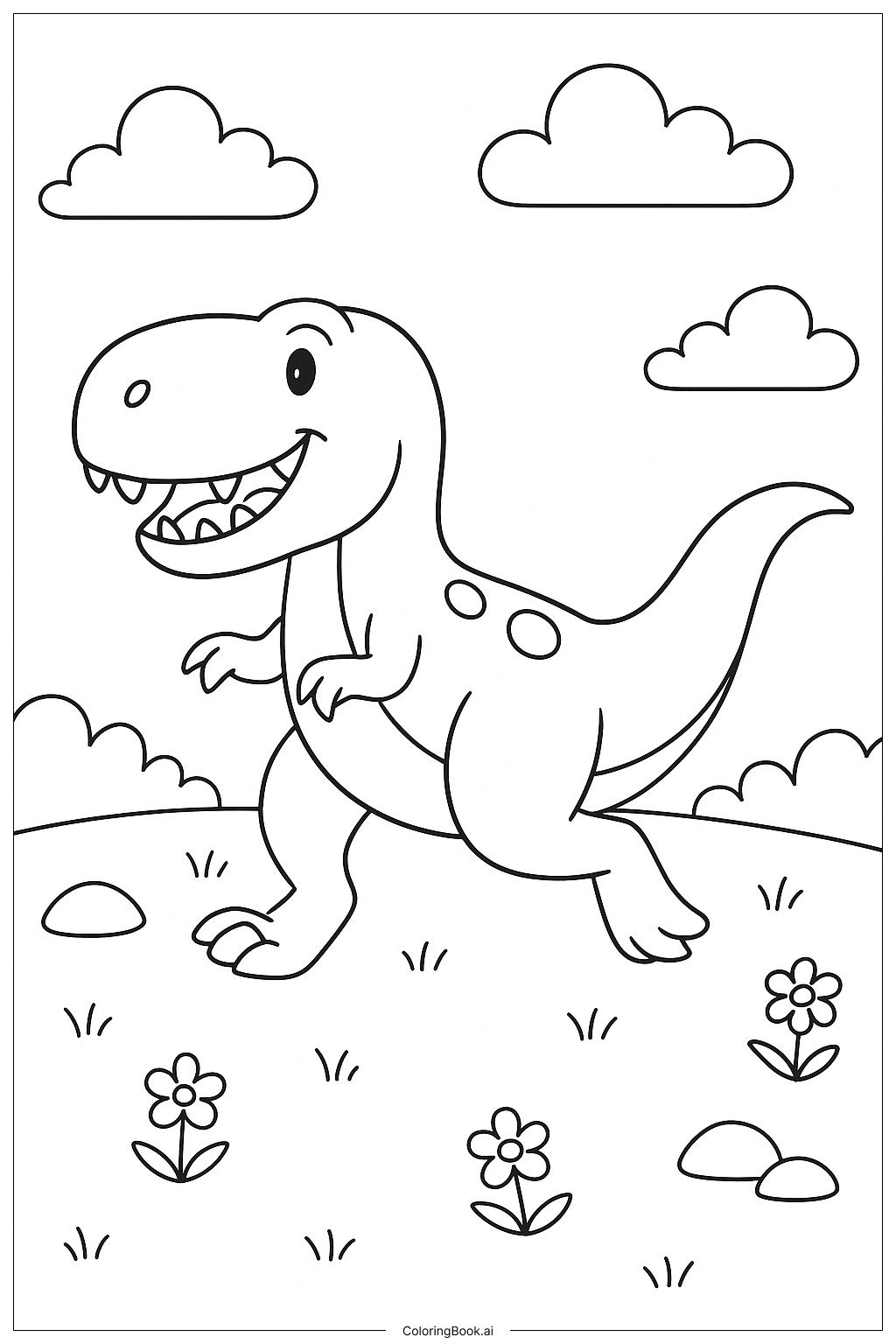 Página para colorear de T-Rex corriendo por un campo
