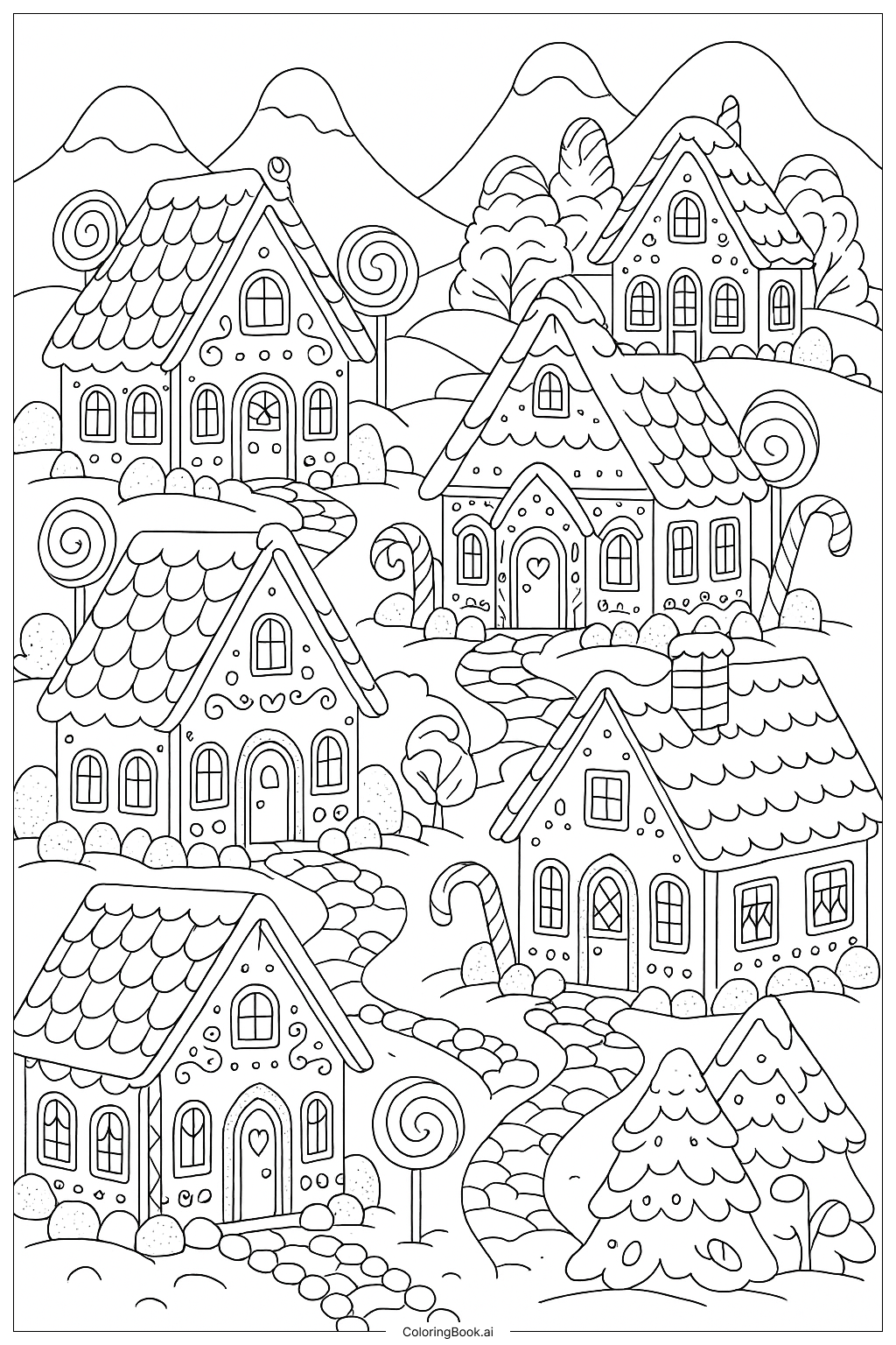  A Detailed Gingerbread House Village Coloring Page 