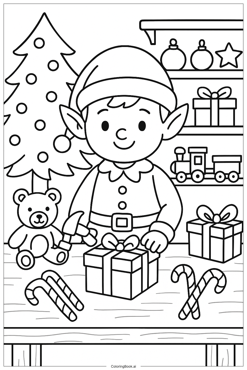  Christmas Elf in Workshop填色页 