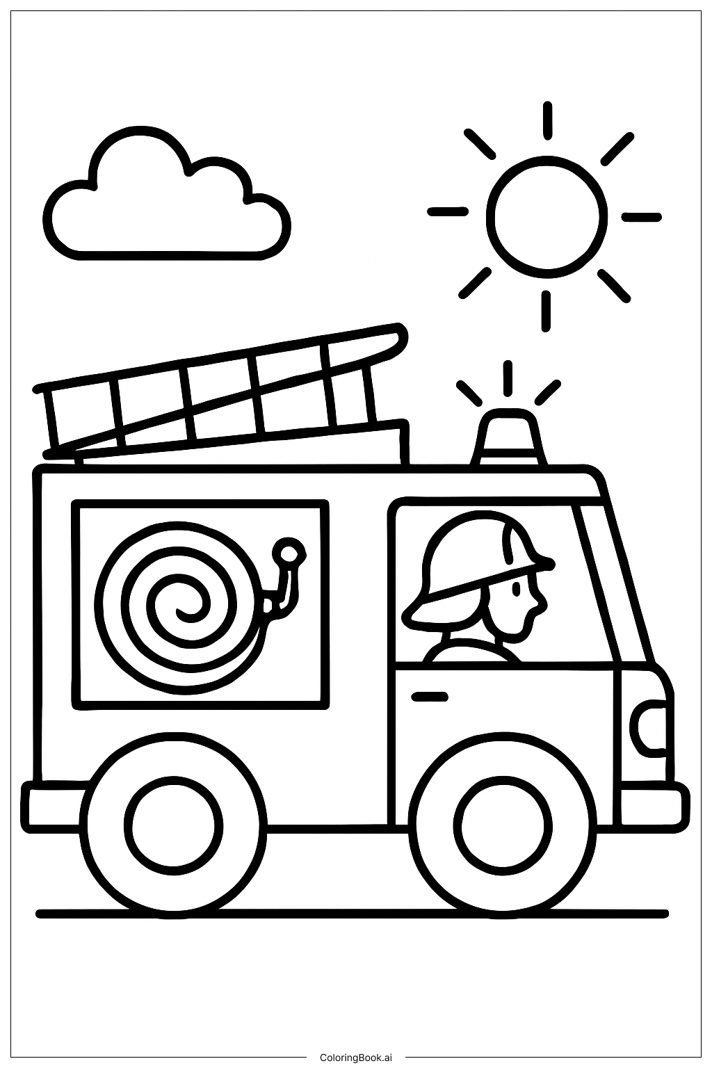  Page de coloriage Camion de pompiers dans une scène ensoleillée 