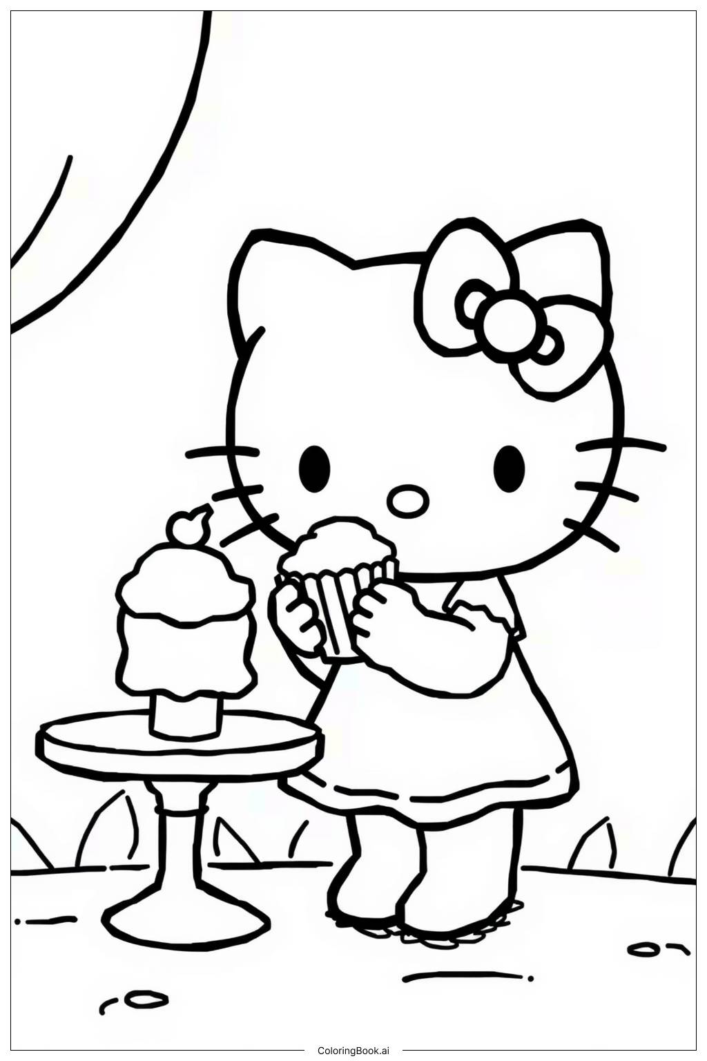  Página para colorir de hello kitty com um cupcake 