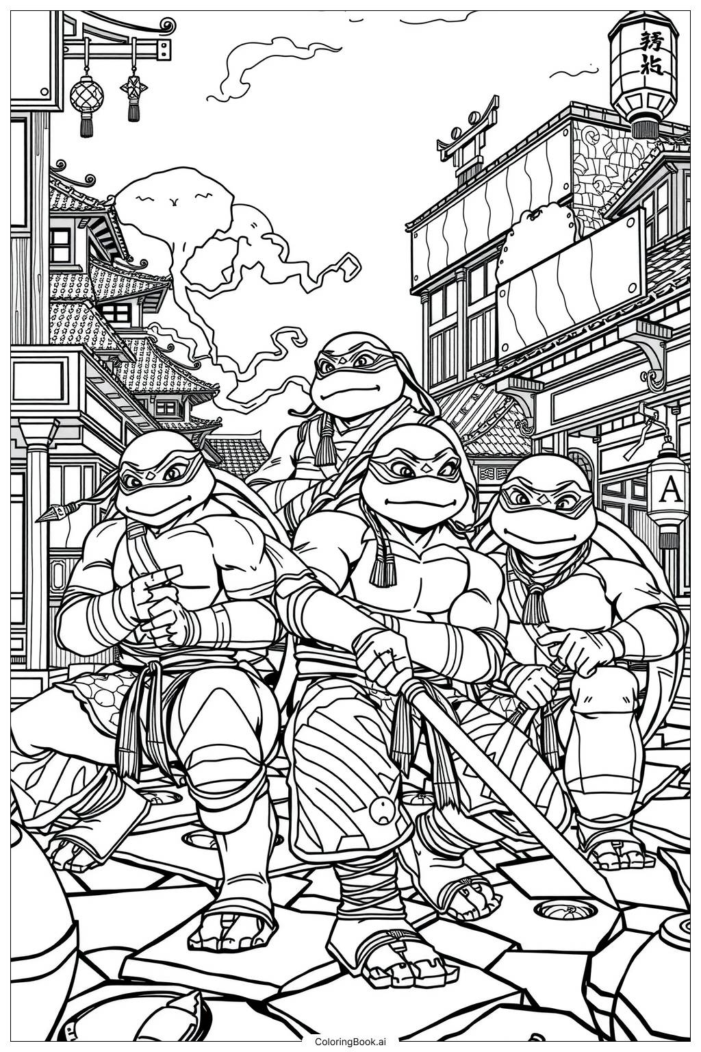  Página para colorear de el viaje de amistad y confianza de las tortugas ninja 