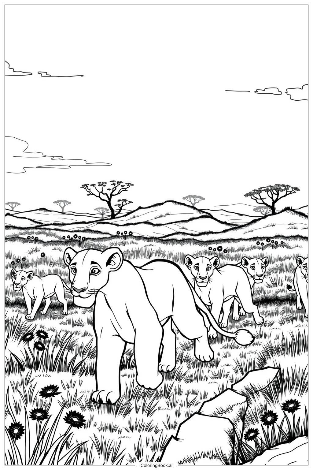  Page de coloriage le roi lion nala menant la fierté à travers la savane-2 