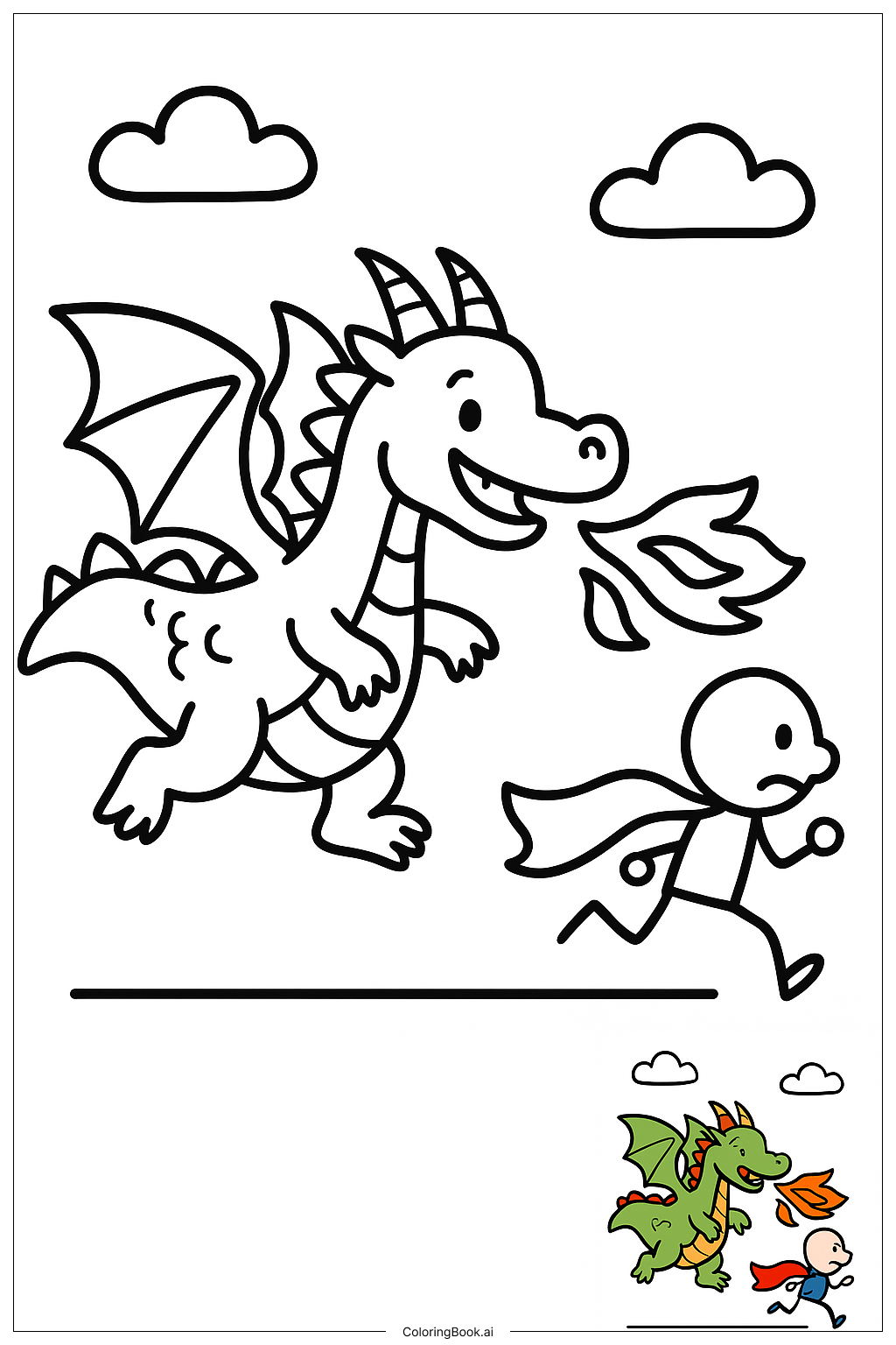  ドラゴンがヒーローを追いかけるの塗り絵ページ 
