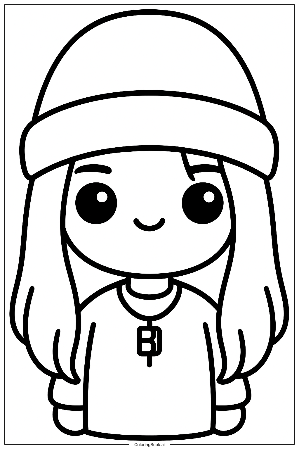  Página para colorir de Kawaii Billie Eilish com um Gorro 