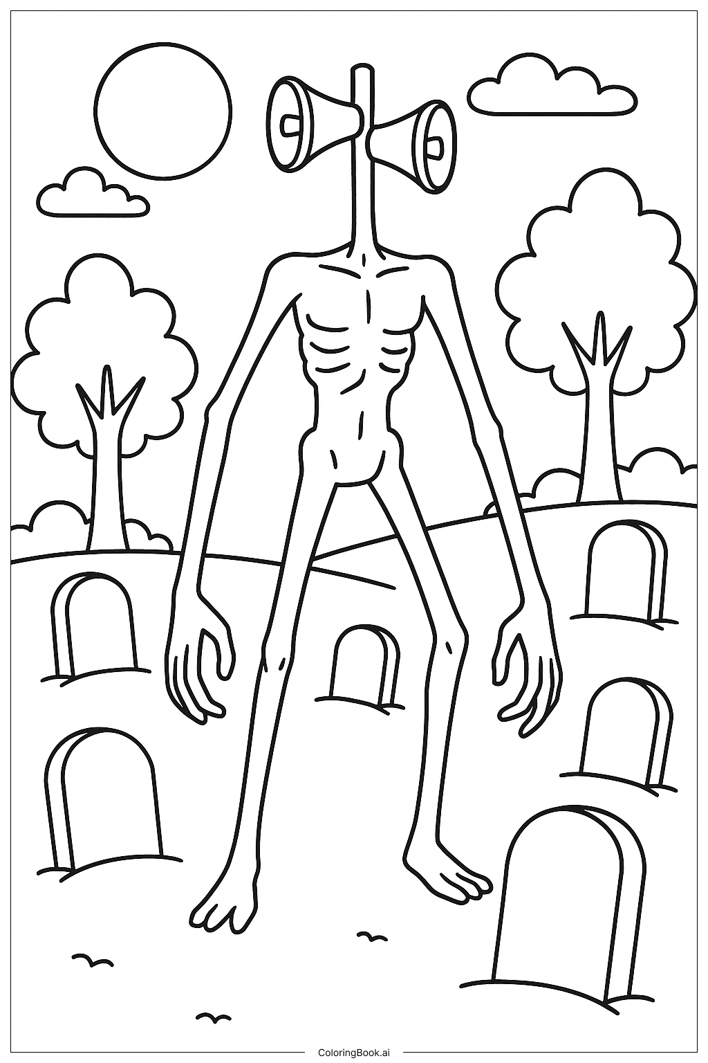  Page de coloriage Siren Head dans un cimetière 